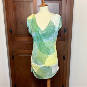 Anthro leaf print green yellow shirt M